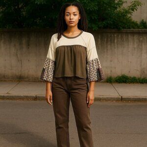 Oddy Womens Medium Large Boho Batwing Sleeves Linen Blend Crop Top Shirt M L